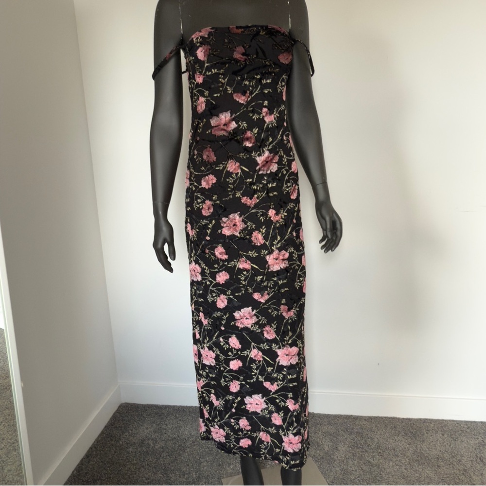 160. Karen Millen Floral Velvet Strapless Maxi Dress Size S Romantic Black Pink